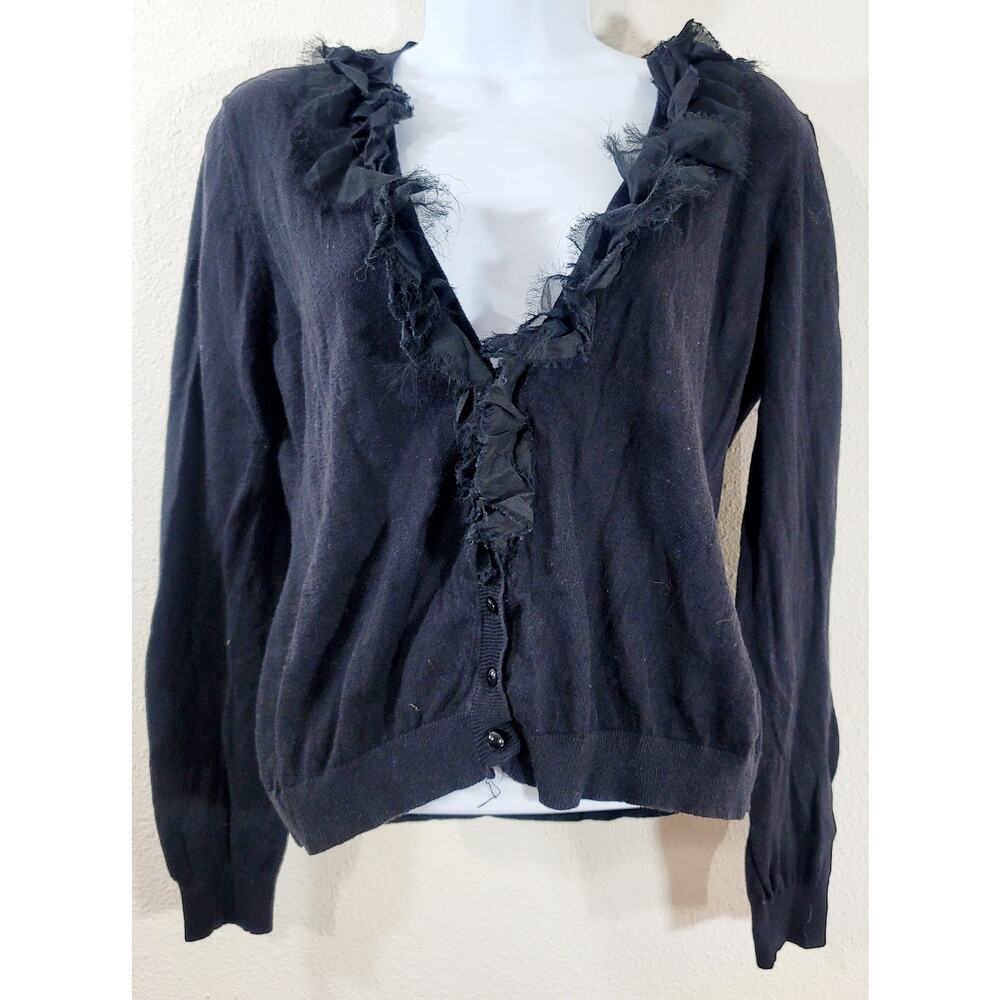 Bisou Bisou Black Cut Material Ruffled Collar Button Up Cardigan Sweater XL Soft